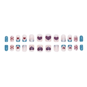 Short round press-on nails with colorful hearts, polka dots and glitter in 24 pieces