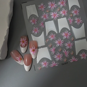 3D embossed floral nail art stickers with pink gradient flowers and gold foil accents