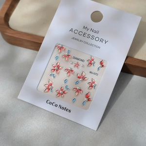 Adesivi per unghie con fiori sfumati stile cinese, perle e decorazioni a goccia blu