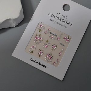 Detailed view of floral nail art stickers MJ-083 with white pearls in retail packaging
