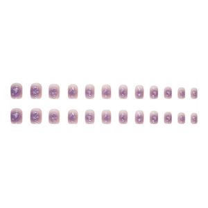 Short lavender gradient press-on nails set with silver stars and moon patterns