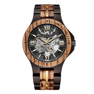 Men's automatic mechanical wood watch with hollow dial and stainless steel accents