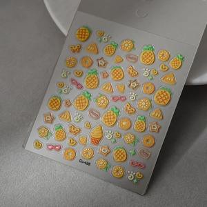 Detailed 3D embossed pineapple nail stickers with yellow lemon and floral patterns