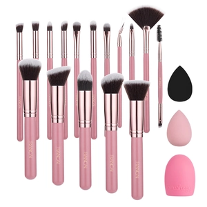 18-piece makeup brush set with sponges and cleaner in rose gold and pink design