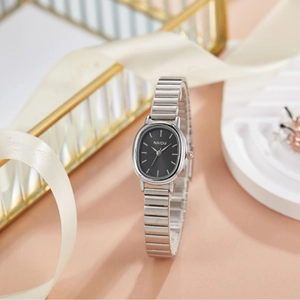 Elegante orologio da donna in acciaio inossidabile argento con quadrante ovale nero
