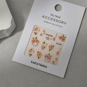 Detailed relief flower nail stickers with pink petals and pearls on white card