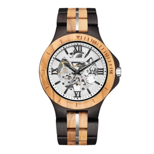 Mechanical wooden watch with skeleton dial and two-tone wood grain steel band