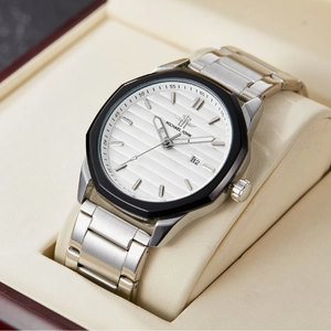 Men's business quartz watch with silver steel band and black octagonal bezel