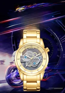 Close-up of golden HUORSLY men's watch with skeleton dial and visible gears detail