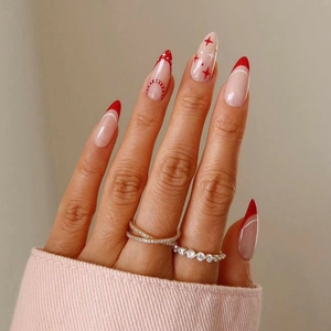 Christmas Style Press On Nails Red French Tip Almond Shape Fake Nails With Stars Polka Dots Design For Women
