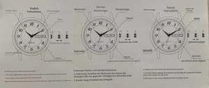 Complete technical manual for quartz watch showing multi-language adjustment instructions
