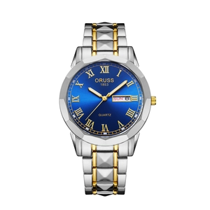 Detail of blue sunray dial with gold roman numerals and date window on a steel watch