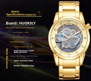 Detail specifications of 44mm gold skeleton watch showing dimensions and 3ATM water resistance