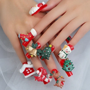 Christmas Press On Nails Long Coffin Fake Nails 3D Resin Santa Claus Reindeer Christmas Tree Holiday Party For Women