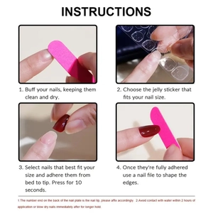 Four-step tutorial showing how to apply dark red press-on nails with jelly glue