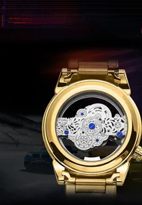 Detailed close-up of golden steel watch back case showcasing intricate mechanical movement