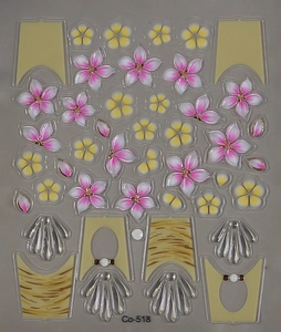 Detailed view of pink floral 3D nail art stickers with embossed petals on grey background