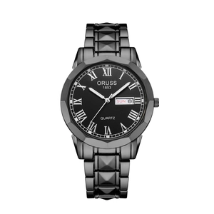 Detail view of all-black men's watch with geometric faceted band and dual date display