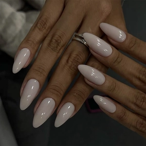 Glossy Solid White Almond Press On Nails Artificial Fake Fingernails Full Cover With Adhesive Tabs And File