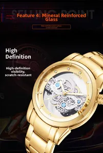 Macro detail of gold stainless steel watch featuring a visible skeleton gear movement