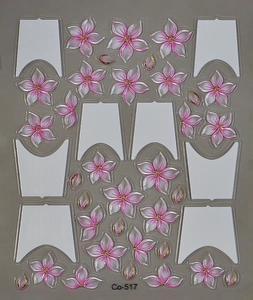 Detailed close-up of 3D embossed pink flower nail art stickers with gold accents and Co-517 code