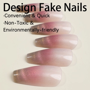 Long coffin cat eye fake nails with nude gradient and sparkling glitter finish