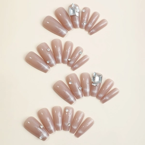 Cat eye gradient long trapezoid press-on nails with luxury diamond rhinestones
