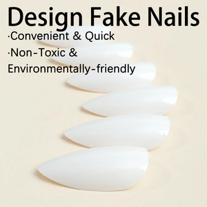 Glossy white almond shaped stiletto fake nails with eco-friendly non-toxic finish