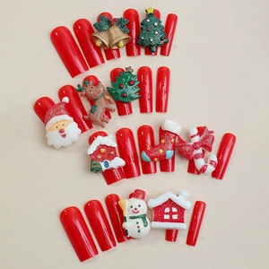 3D Santa Claus Christmas long coffin press-on nails with resin reindeer and tree charms