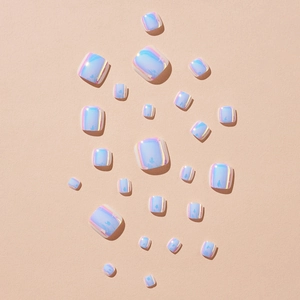 Holographic light blue press-on toe nails set featuring a stunning iridescent chrome finish