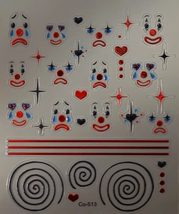 Macro shot of 3D embossed clown nail stickers with red and black heart motifs
