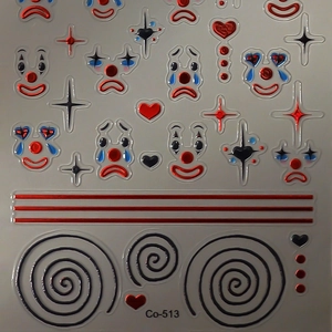 3D embossed clown circus nail stickers with red hearts and stars for DIY manicure
