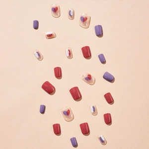 Minimalist red and violet short square press-on nails with heart marble and gold foil accents