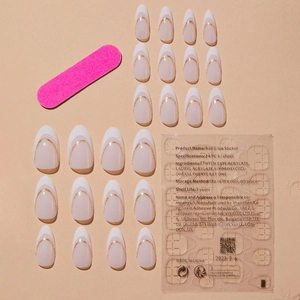 Mandel-Nägel im French-Stil mit Goldlinie, Nagelfeile und Klebepads im Komplettset