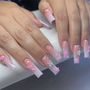 Ombre Pink Long Coffin Press On Nails With 3D Flower Rhinestone Butterfly Artificial Pearl Decor Artificial False Nails For Women