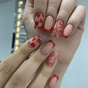 Faux Ongles Red Heart Press On Nails French Tip Long Coffin Avec Onglets Adhésifs Et Lime Design Rose Nude Doux Pour Femmes