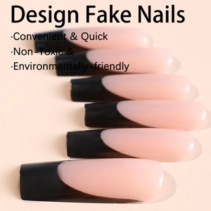 French tip press-on nails in long coffin shape with classic black edges and nude base
