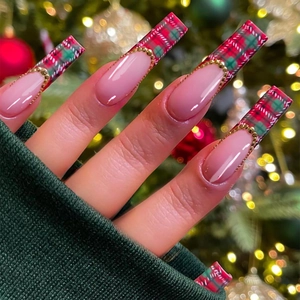 Christmas Press On Nails Long French Square Red Green Plaid Gold Bead Decor ABS Resin Artificial Fake Nails For Women