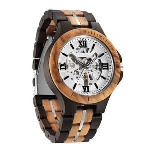 Skeleton Automatic Mechanical Watch Wood And Stainless Steel Roman Numerals Luminous Hands Men Retro Wristwatch