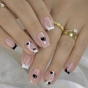 Valentine Heart Press On Nails Long Square French Black White Design ABS Fake Nails For Women Sweet Cool Fashion