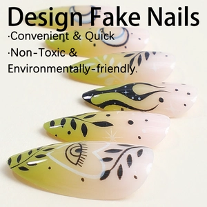 Green gradient almond fake nails with bohemian artistic leaf and star pattern