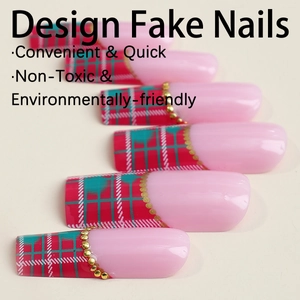 Pink French design fake nails with plaid tips and golden beads in a five-piece set
