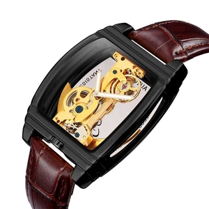 Skeleton mechanical watch with rectangular black case and brown crocodile leather strap