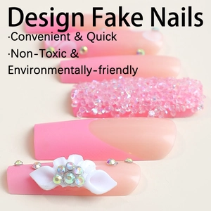Pink French long square press-on nails with 3D white flowers and sparkling crystals