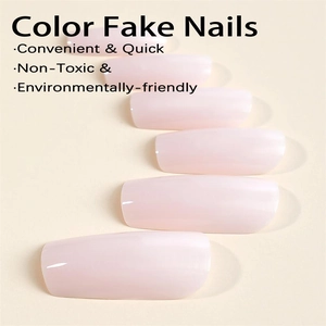 Minimalist square press-on nails in soft pink jelly finish, convenient and eco-friendly