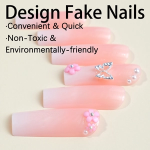 Pink gradient long coffin false nails with silver butterflies, flowers and pearls