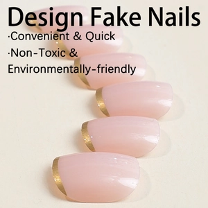 Pink oval press-on nails with golden French tips shown in a 5-piece detail set