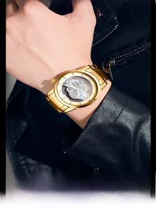 Detailed close-up of golden skeleton mechanical watch movement with blue jewel bearings