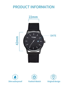 Detail view of 42mm minimalist watch with 22mm matte strap and date display
