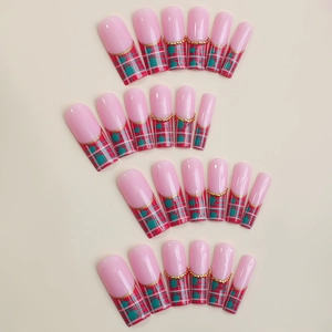 French tip tartan press-on nails with gold bead accents in extra-long coffin shape